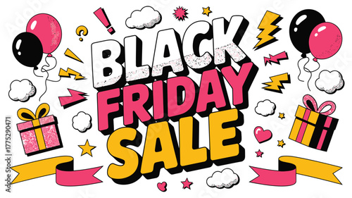 Black Friday Sale Text With Balloons Gift Boxes And Ribbons discount offer