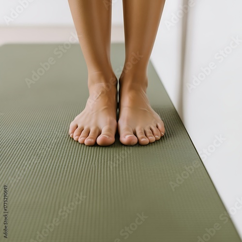 Standing Barefoot on Green Exercise Mat Near Wall