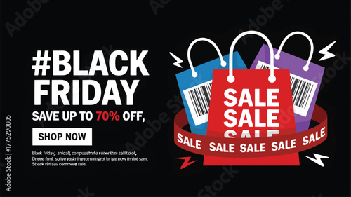 Black Friday Sale With Hashtag And Shopping Bags On Black Background discount