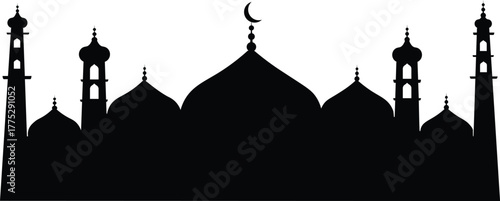 Silhouette of a grand mosque with multiple domes and minarets