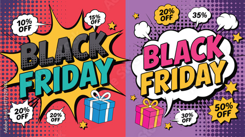 Split Screen Black Friday Sale Pop Art with Gifts stock boxes