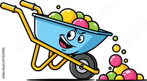 Excited Cartoon Wheelbarrow Mascot Spilling Colorful Fertilizer Balls - Gardening Tool Vector
