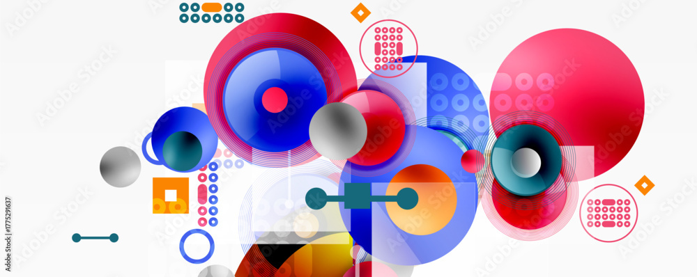 Fototapeta premium Abstract composition featuring overlapping circles, squares, dots. Vibrant blue, red, white colors dominate design. Modern, geometric style.