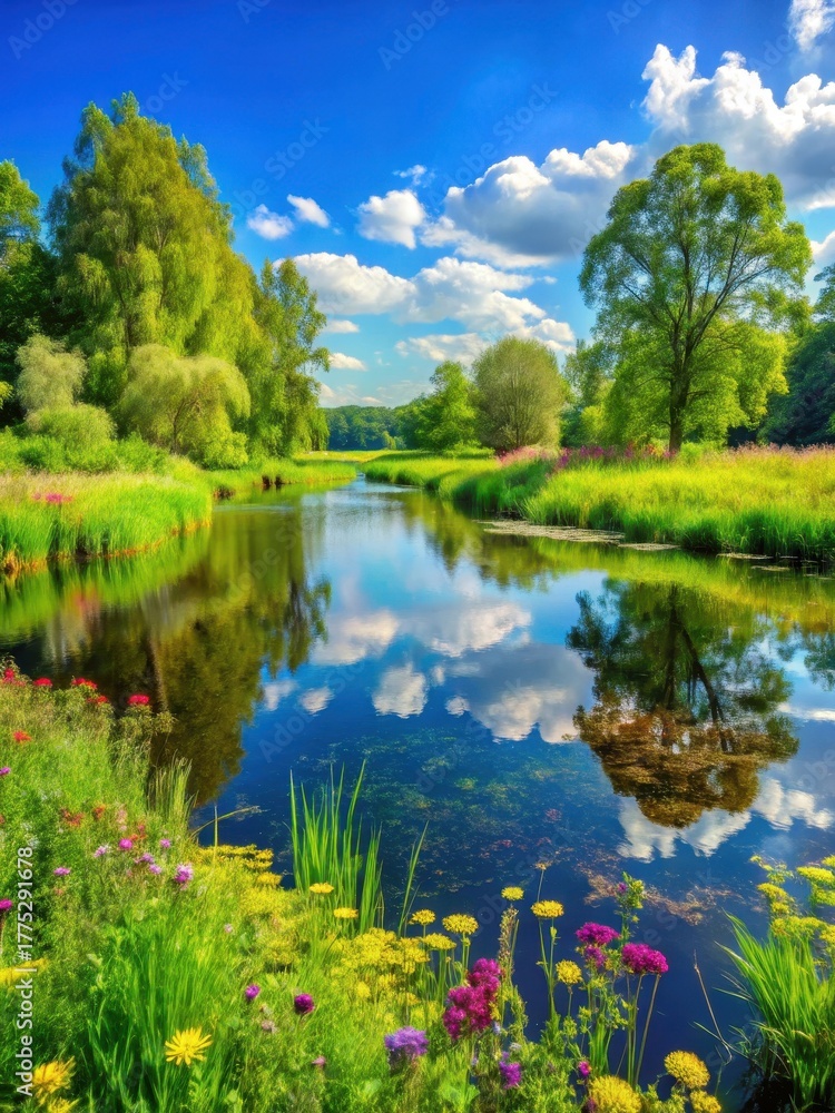 Fototapeta premium Serene wetland landscape with lush vegetation and tranquil waters on a clear summer day