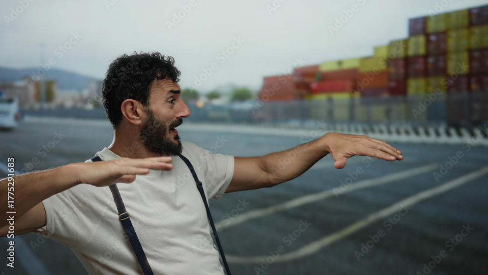 Fototapeta premium Hispanic man with beard gesturing playfully at a port with ships and containers in the background, creating a lively scene with maritime and industrial vibes.