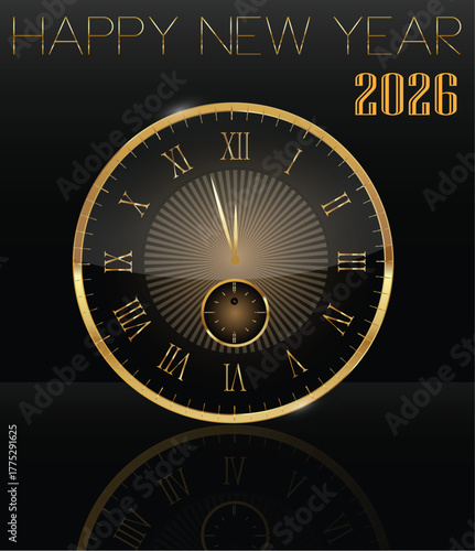 Golden clock happy new year 2026 celebration design.
