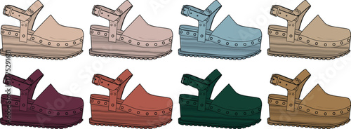 Vector illustration set of women's fashion clogs. A colorful collection of platform sandals with ankle straps for summer