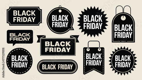 Black Friday Sale Icons And Labels In Various Shapes And Styles Keywords: black friday, sale
