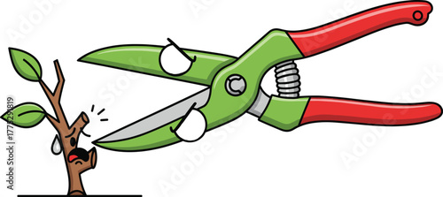 Funny Cartoon Pruning Shears Scaring a Crying Small Tree - Gardening Tool Vector Art