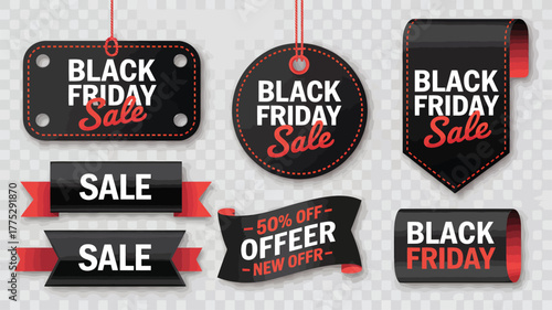 Black Friday Sale Tags and Ribbons with Red Accents stock photo