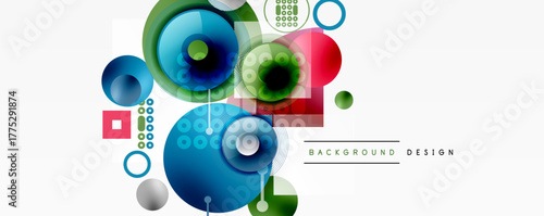 Abstract colorful design. Overlapping circles, squares, lines create modern visual composition. Bright hues dominate background.