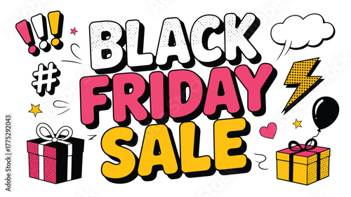 Black Friday Sale text with comic style elements and gifts Keywords: black friday, sale, text