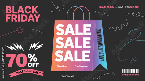 Black Friday Sale 70 Percent Off Shopping Bag With Gradient Colors discount