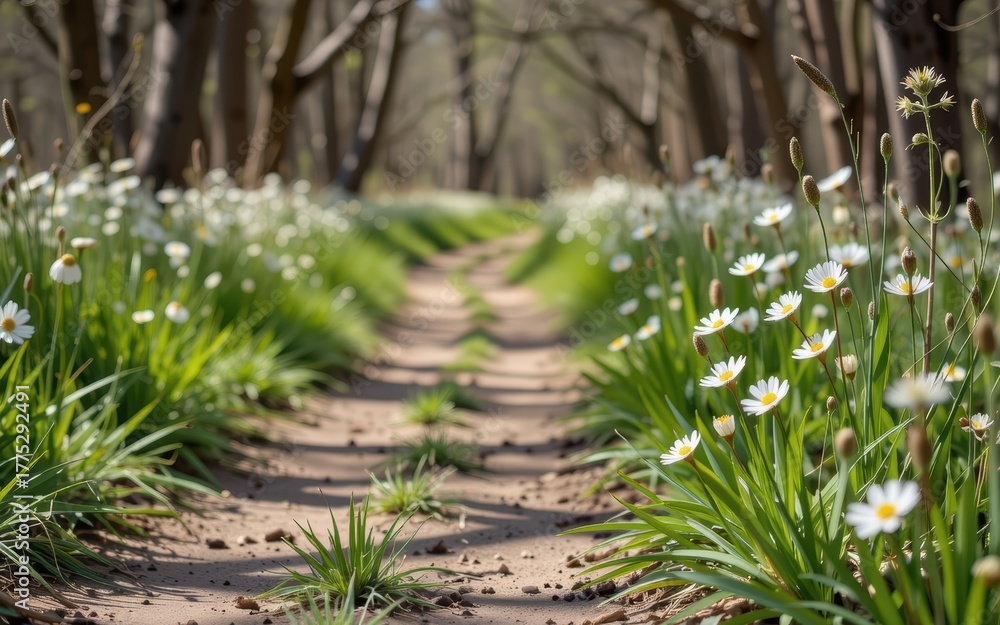 Fototapeta premium A serene path lined with daisies and greenery under a tranquil forest canopy.