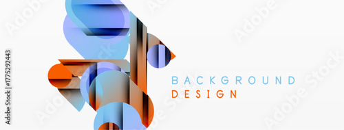 Abstract geometric shapes overlap, creating dynamic visual effect. Blue, orange hues dominate white background. Modern design element.