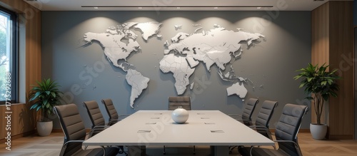 Modern conference room with a world map mural and stylish furniture.