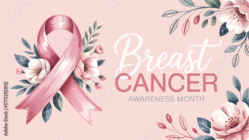 Pink Breast Cancer Awareness Ribbon with Flowers and Soft Background accents stock