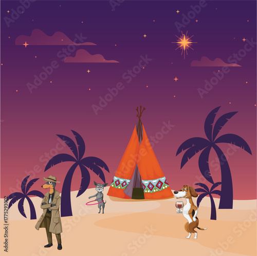 Whimsical Desert Night with Teepee and Cartoon Animals