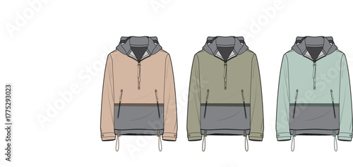 Collection of men's half-zip anorak hoodie jackets in a color block design. Fashion flat technical sketch template for apparel design and clothing mockups