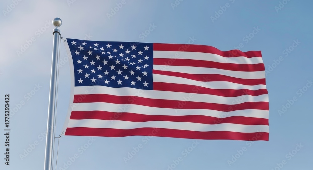 Obraz premium American flag waving on flagpole, USA national flag fluttering in the wind, patriotic United States symbol against blue sky background