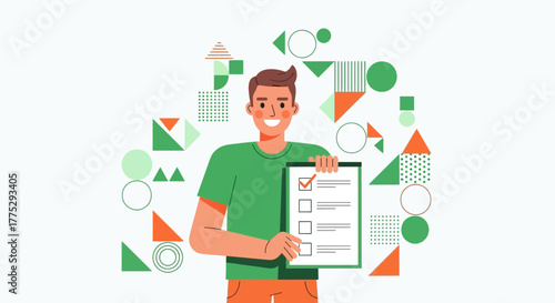 Completing The Checklist Presentation Of A Confident Person, Smiling And Looking