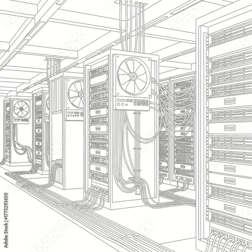 Detailed line drawing of a server room with racks and cooling systems.