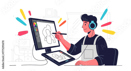 Creative Designer Working In His Studio Drawing Digital Art and Listening Music