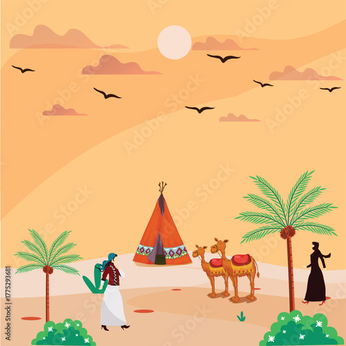 Desert Camp Scene with Camels and Traditional Tent