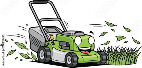 Happy Cartoon Lawn Mower Cutting Grass with Flying Leaves - Gardening Mascot Vector