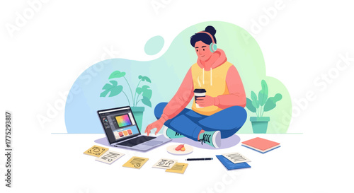 Creative Designer Working Using Laptop, Plants, Coffee and Notebooks, Flat Illustration