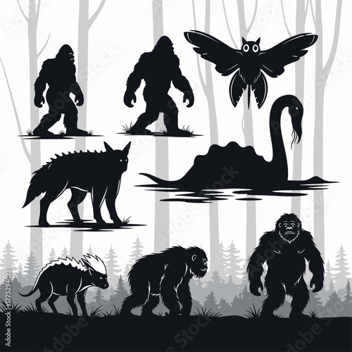 Silhouettes of cryptids: Bigfoot, Mothman, Loch Ness Monster, and other mythical creatures.