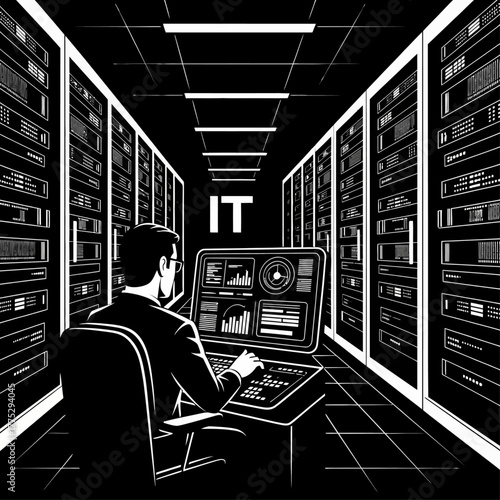 IT professional working in a server room, monitoring data on a screen.