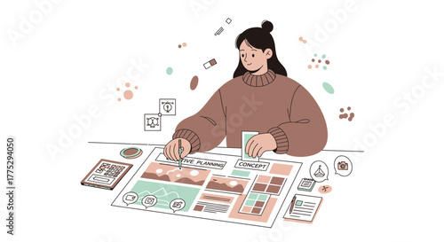 Creative Planning: Graphic Designer Girl Works on Concept Design Project on Presentation