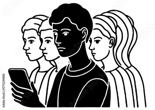 Conceptual Vector Illustration of Person Seeing Distorted Reflections on Smartphone Symbolizing Comparison