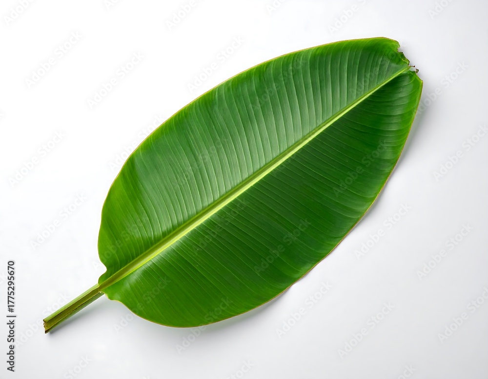 Fototapeta premium Bright green banana leaf with visible veins against a clean white background
