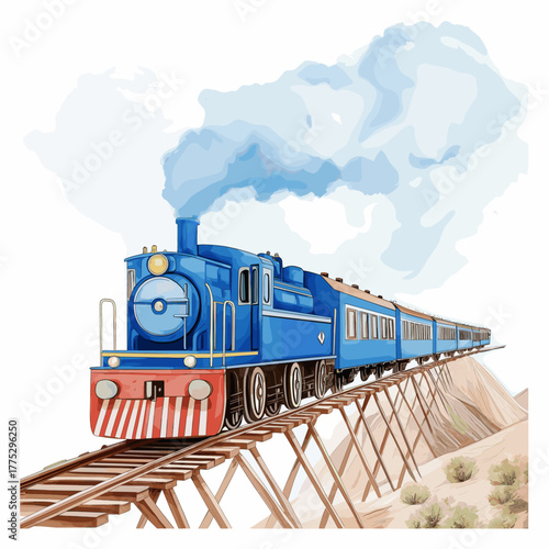 Train to the Clouds. Train to the Clouds hand drawn watercolor illustration