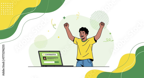 Excited Young Man Celebrating Success After Viewing Confirmation Message on Computer