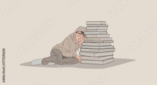 Exhausted Person Resting Against Stack Of Books After Long And Hard Educational Activities