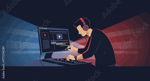 Creative Video Editor Working On Computer With Headphones And Digital Pen At Night