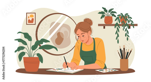 Creative Woman Paints and Contemplates in Cozy Home with Plants and Artistic Inspiration