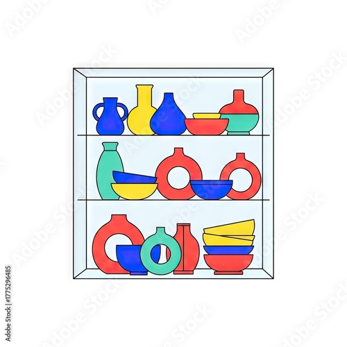 Colorful Ceramic Vessels Displayed Inside A Glass Cabinet Against A White Background