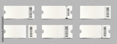 Set of realistic blank mockup paper blank with barcode. Ticket Empty template for cinema seats, Concert, theater, events, transport or boarding pass, vouchers and lottery coupons. Vector 