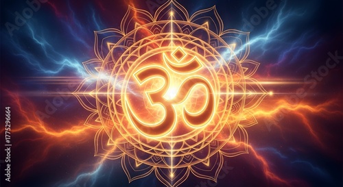 Glowing om symbol sacred mandala with cosmic energy and lightning
