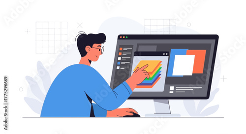 Designer Working On Computer, Interface Design And User Experience, Digital Art Concept