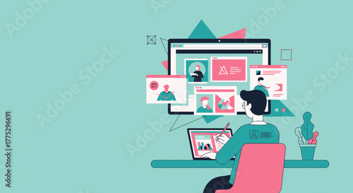 Designer Working On Digital Art and Social Media Elements for Online Platforms Designs