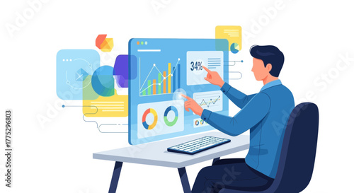 Digital Analyst Analyzing Data Information On Computer Screen With High Tech Charts