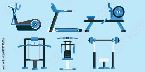 Flat Vector Gym Equipment Bundle Vol. 1: Treadmill, Elliptical, Rowing, Lat Pulldown, Pec Deck, and Smith Machine Icons (6 in 1)