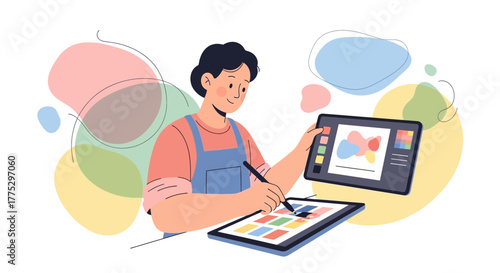 Digital Artist Crafting Vibrant Designs On Two Tablets With Color Palette and Strokes