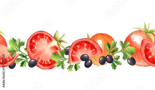Seamless Hand-drawn Illustration of horizontal border featuring ripe tomatoes, black olives, and fresh parsley