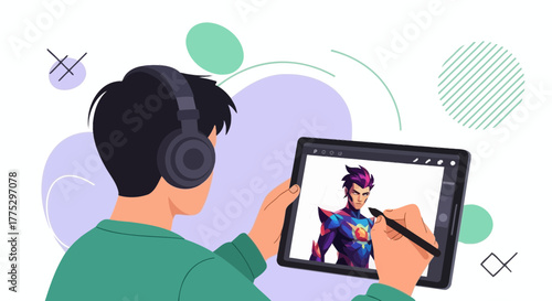 Digital Artist Crafting Vibrant Superhero Illustration With Headphones for Inspiration
